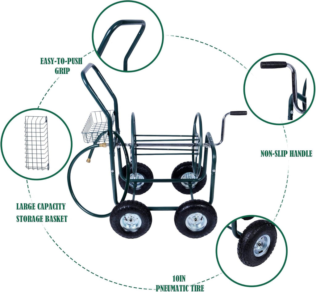 Garden Hose Reel Cart 4 Wheels with Storage Basket R3600
