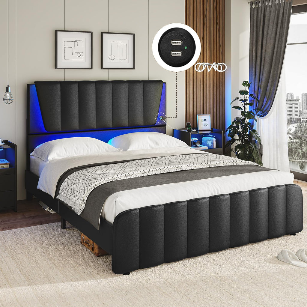 Queen Size Black LED Upholstered Platform Bed Frame with Headboard and 4 Storage Drawers O140