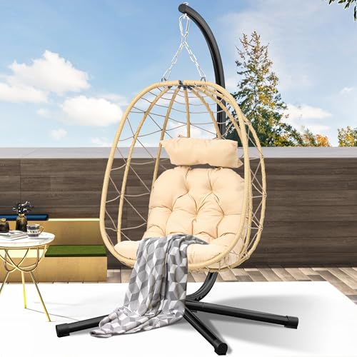 Egg Swing Chair with Stand Wicker Egg Chair with Cushions Beige I3134