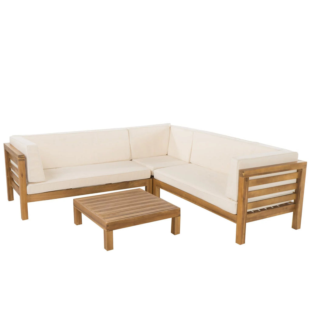 4 Piece Wooden Patio Sectional Sofa Set with Gray Cushions Y282329