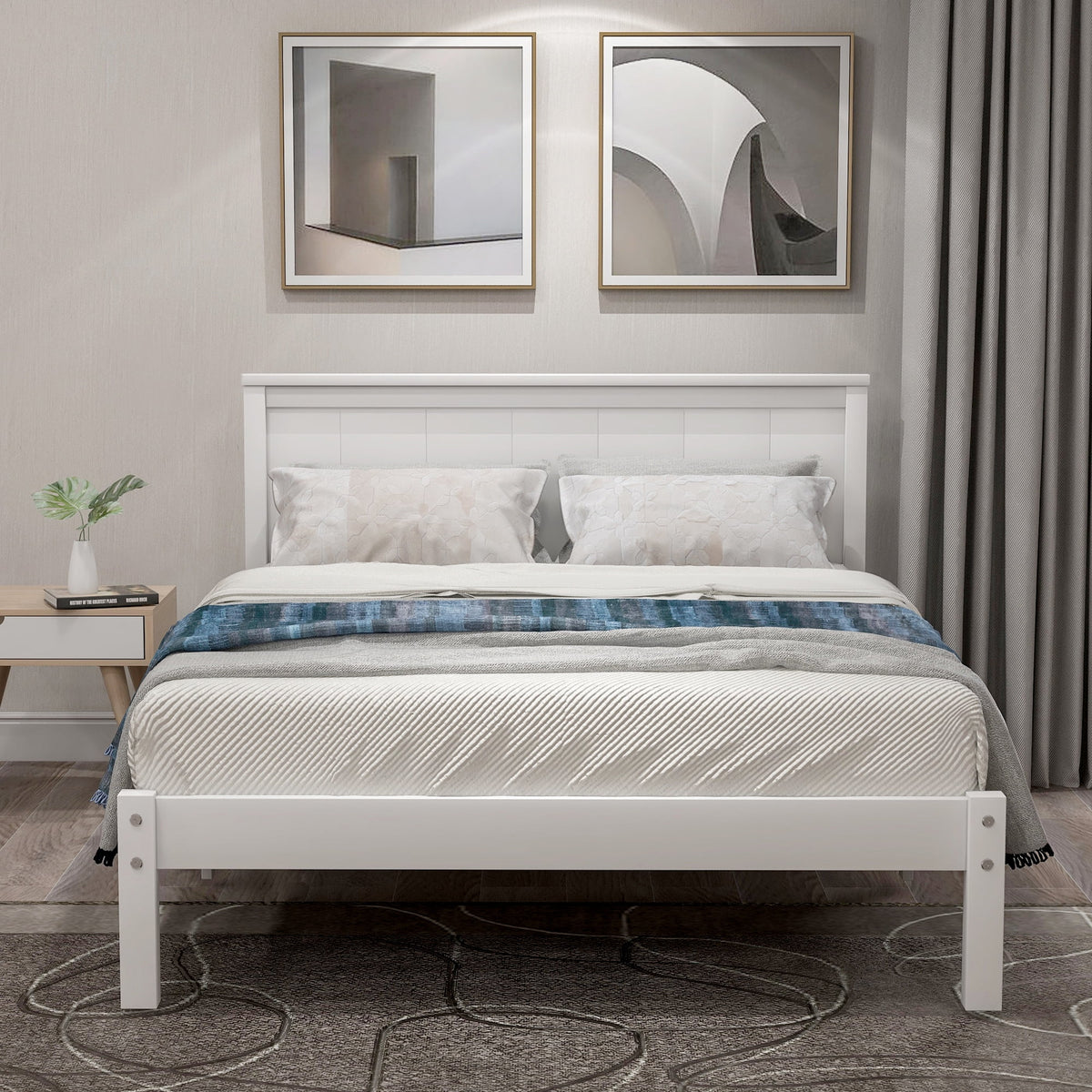 White Twin Wood Platform Bed Frame with Headboard H9528