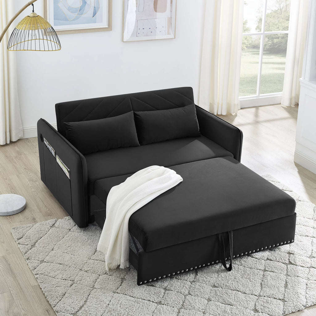 Black Velvet 3 in 1 Sleeper Sofa Couch Bed with 2 USB Ports J14056