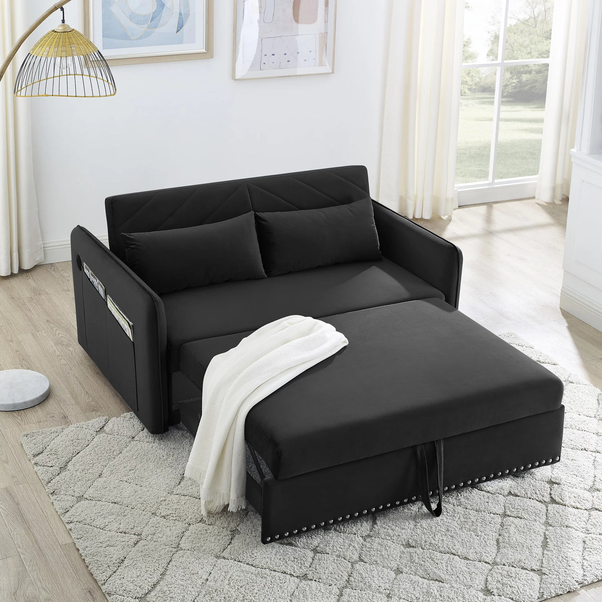Black Velvet 3 in 1 Sleeper Sofa Couch Bed with 2 USB Ports J14056