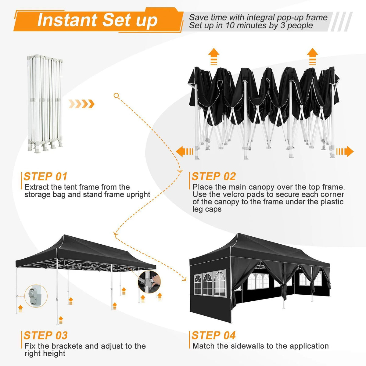 10'x30' Pop Up Canopy with 8 Removable Sidewalls, Black K53042