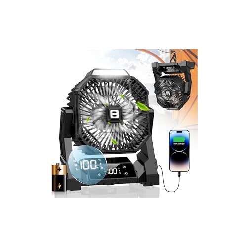 Portable Camping Fan with LED Lantern, 15000mAh Rechargeable Battery Operated Fan with 3 Speeds K90218