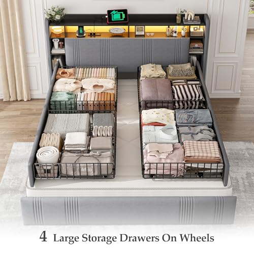 King Size Upholstered Platform Bed Frame with 4 Storage Drawers W65390