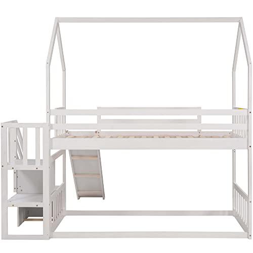 Twin Over Twin White Wood Bunk Bed with Slide and Storage Staircase C93287