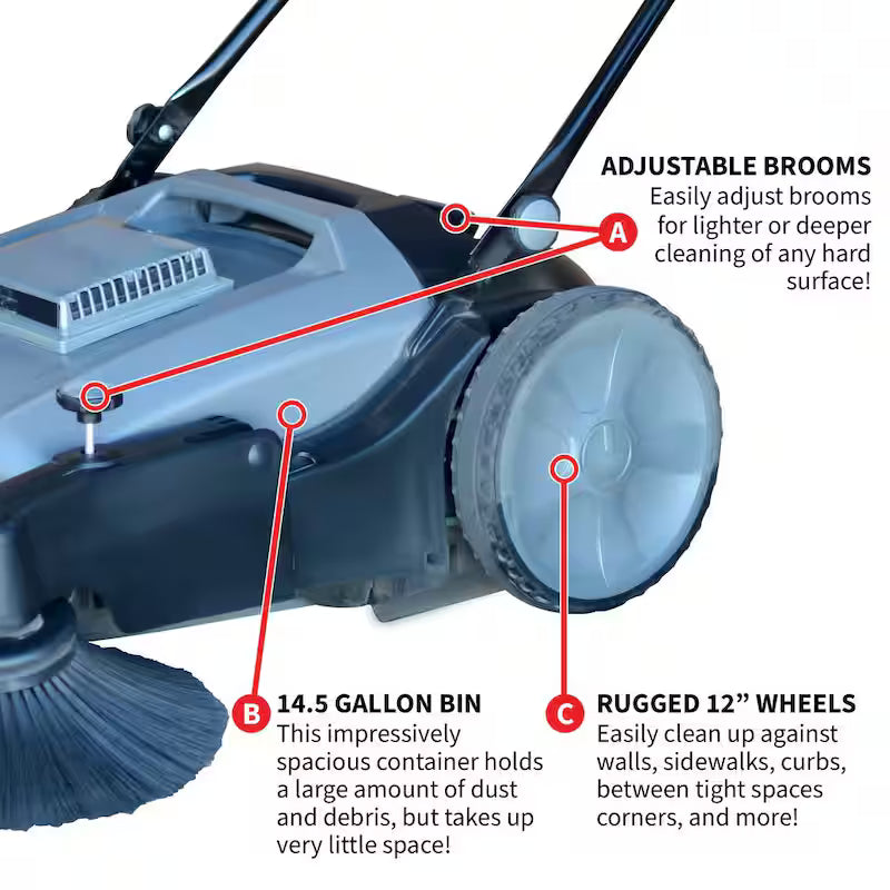 38 in. Walk Behind Push Sweeper with Triple Power Brooms S84224