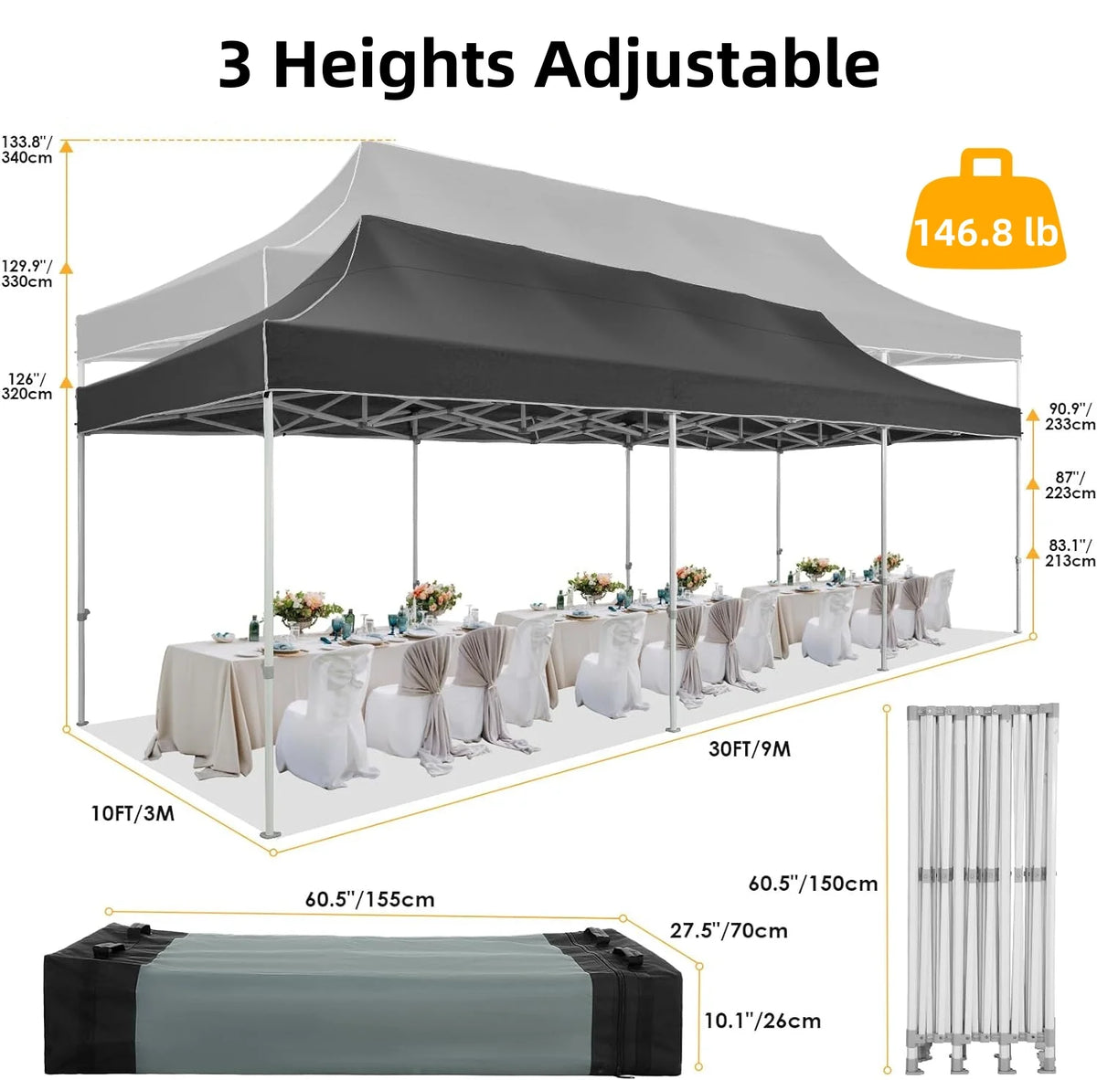 10'x30' Pop Up Canopy with 8 Removable Sidewalls, Black K53042