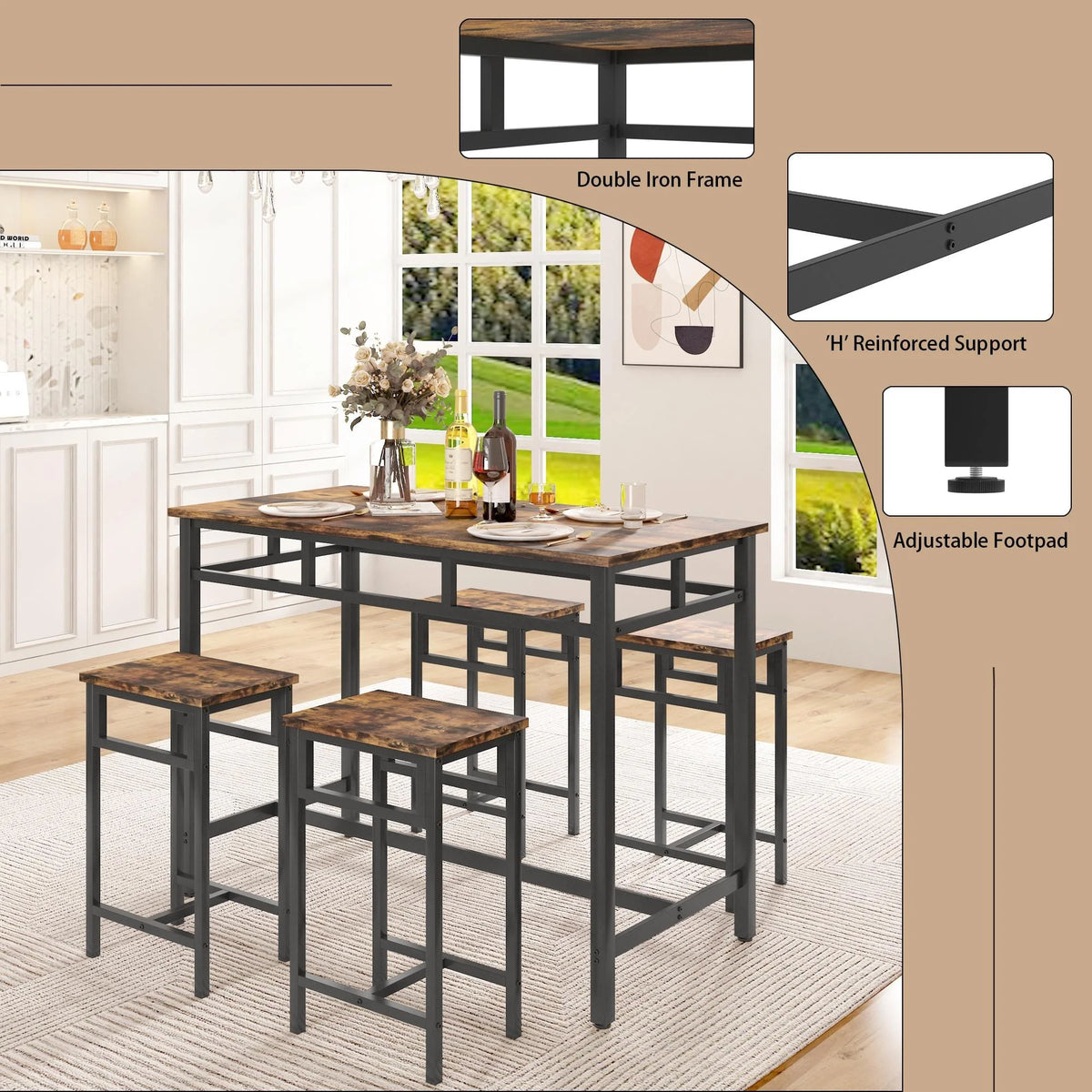 5-Piece Counter Height Dining Table Set with MDF Top E321