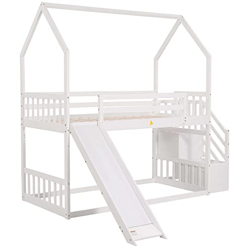 Twin Over Twin White Wood Bunk Bed with Slide and Storage Staircase C93287