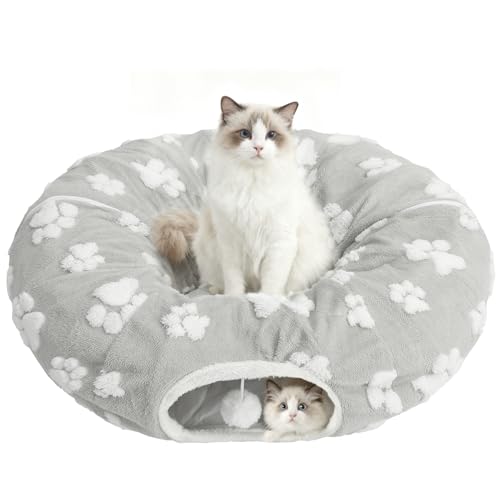 Christmas Cat Tunnel with Bowtie, Washable Circle Cushion and Plush Ball Toy, Red I195