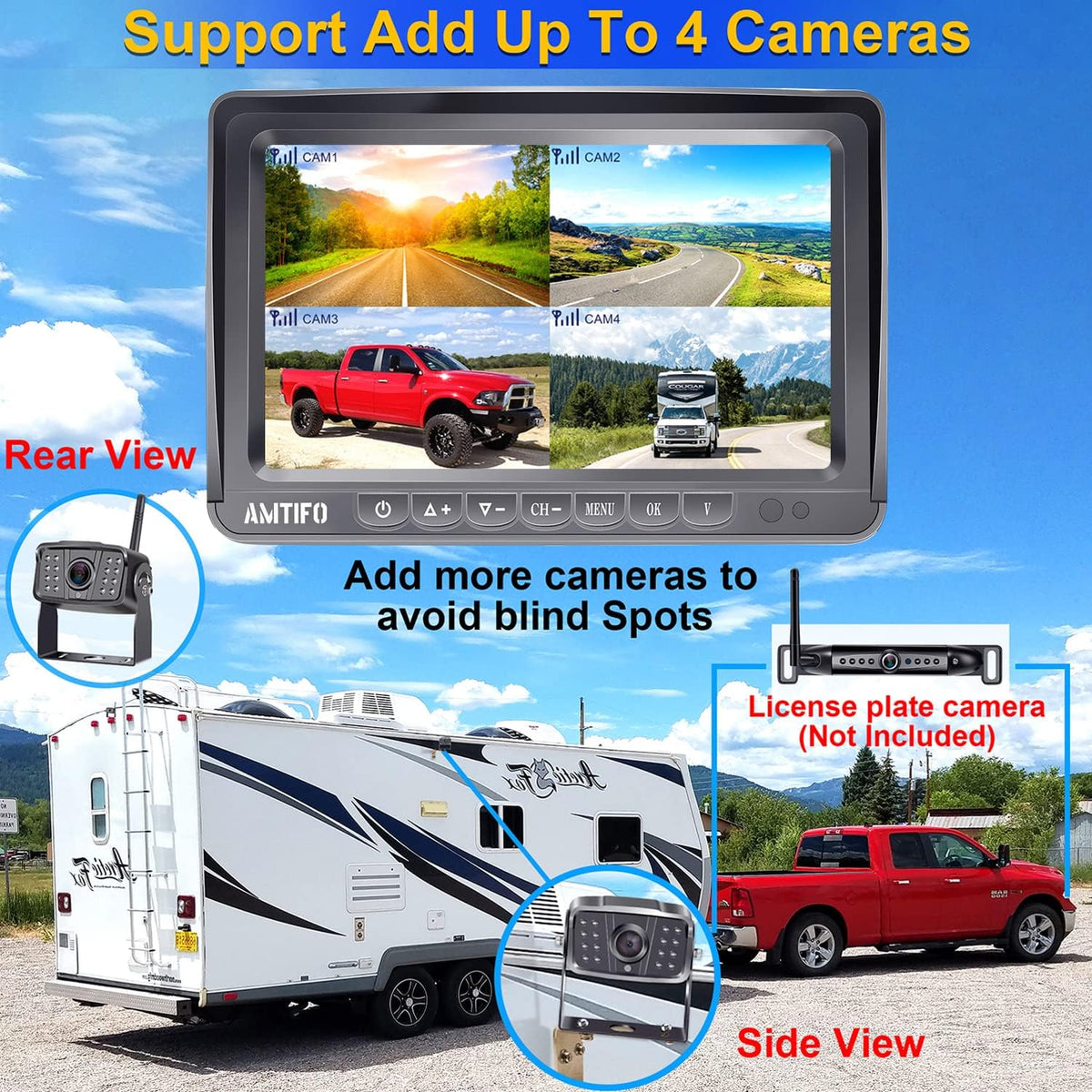 Wireless HD 1080P 7'' Split Screen DVR Backup Camera 4 Channel Infrared Night Vision B5148