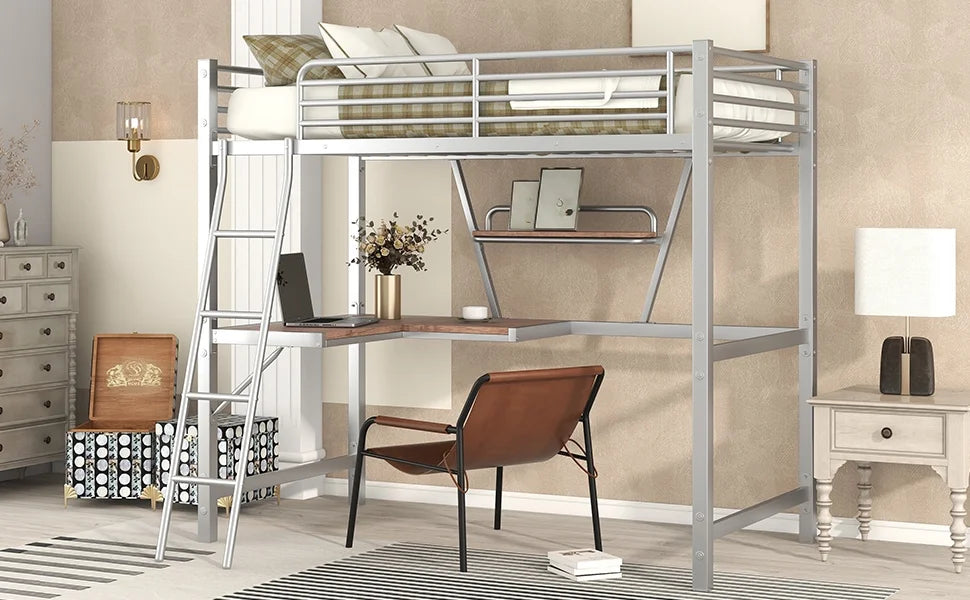 Metal Loft Bed with Desk and Shelf M5622