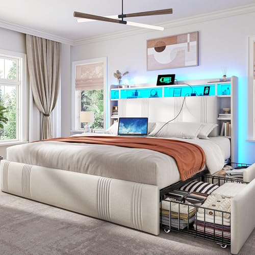 King Size Upholstered Platform Bed Frame with 4 Storage Drawers W65390