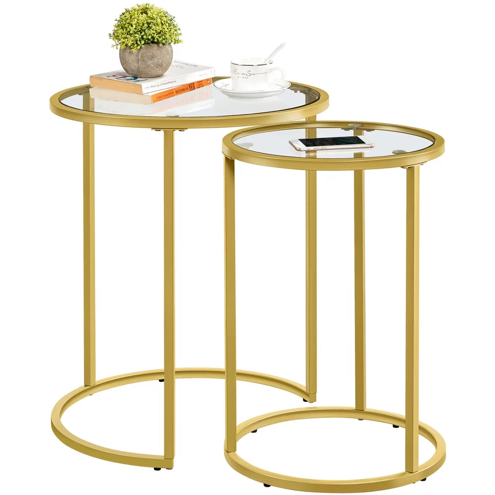 Round Nesting End Table Set with Metal Frame and Glass Top T587