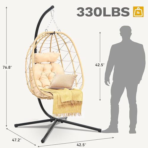 Egg Swing Chair with Stand Wicker Egg Chair with Cushions Beige I3134