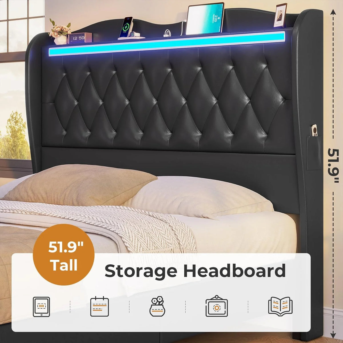 King Size Upholstered Platform Bed Frame with Tall Headboard L369392