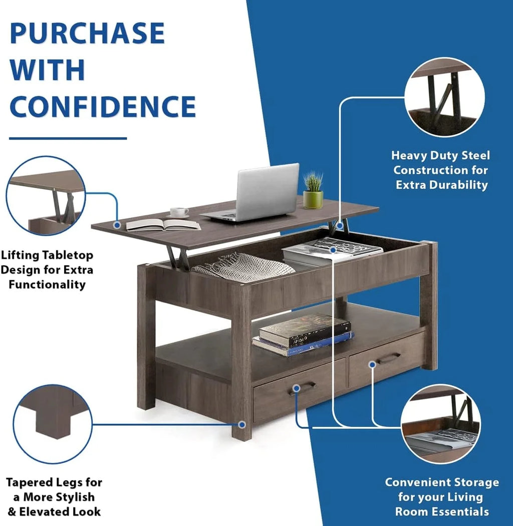 2 Drawer Lift Top Coffee Table with Hidden Compartment Gray W3506