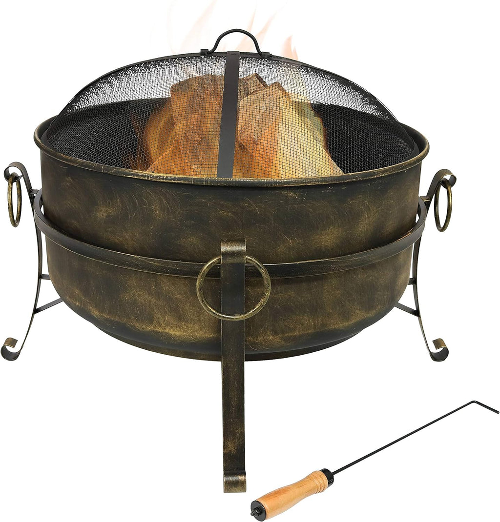 34 Inch Wood Burning Outdoor Fire Pit with Spark Screen and Poker B59114