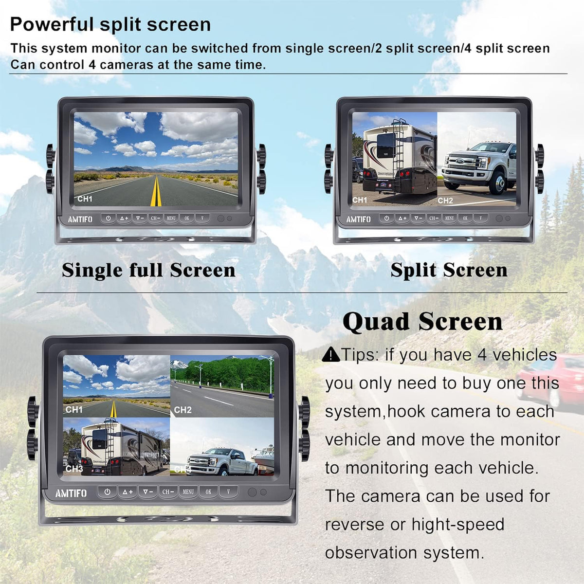 Wireless HD 1080P 7'' Split Screen DVR Backup Camera 4 Channel Infrared Night Vision B5148