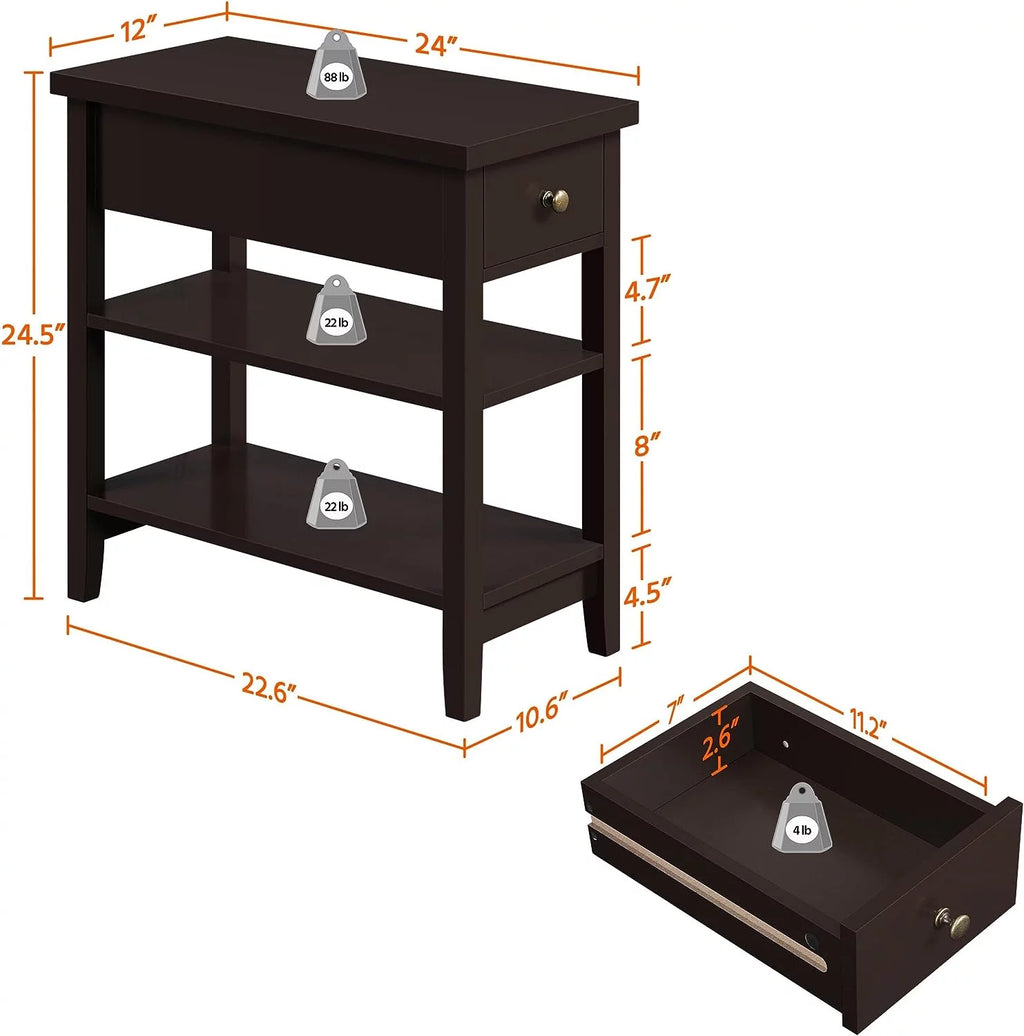 3-Tier Narrow Side Table with Drawer and Storage Shelves, Espresso C663