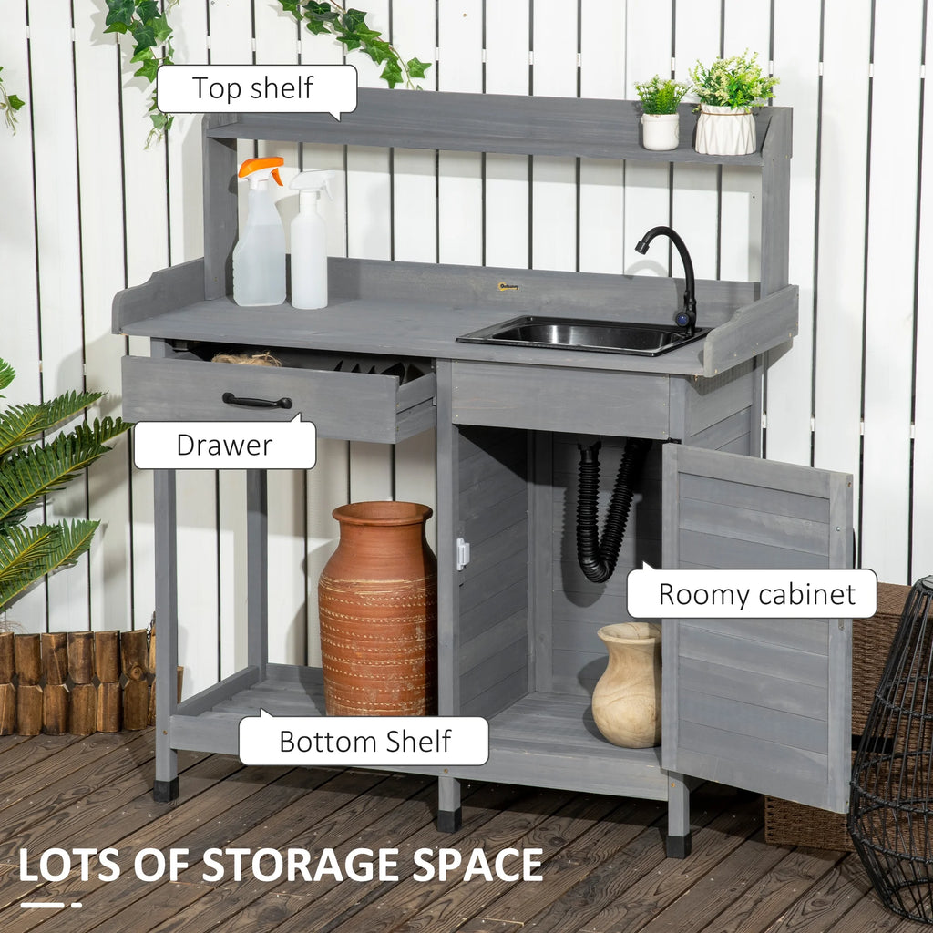 Potting Bench Prep Table with Faucet, Sink, and Storage Cabinet B9435