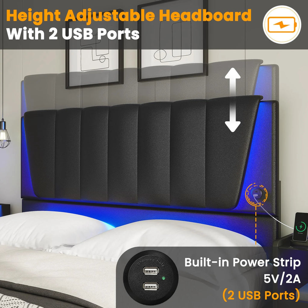 Queen Size Black LED Upholstered Platform Bed Frame with Headboard and 4 Storage Drawers O140