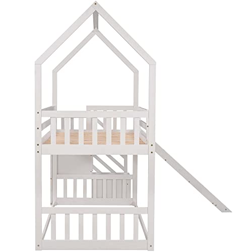Twin Over Twin White Wood Bunk Bed with Slide and Storage Staircase C93287