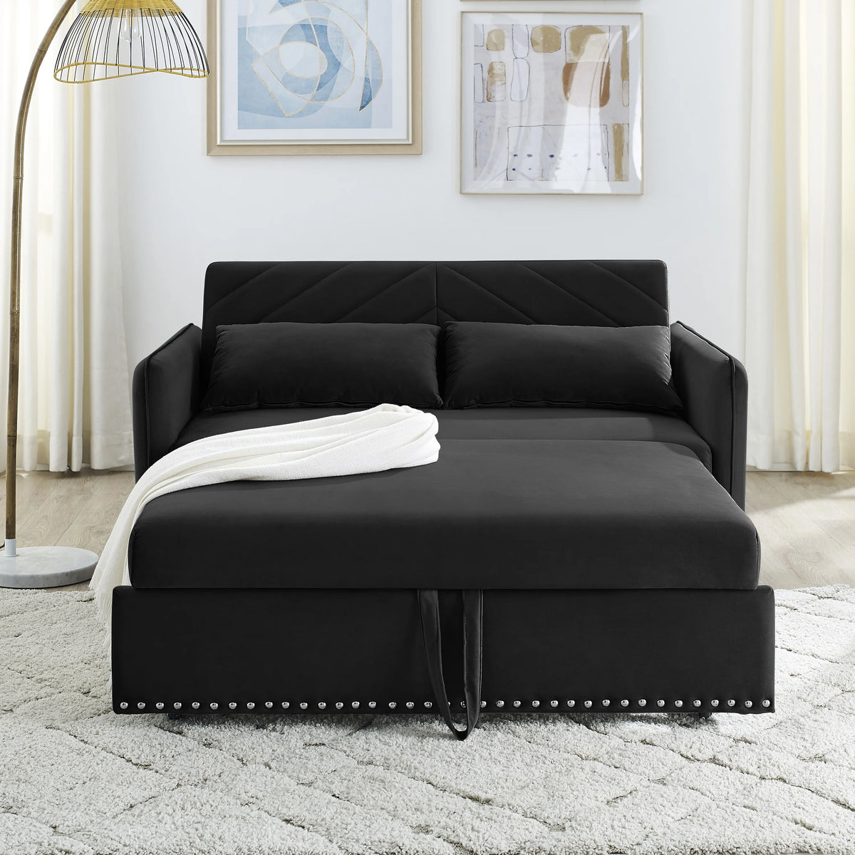 Black Velvet 3 in 1 Sleeper Sofa Couch Bed with 2 USB Ports J14056