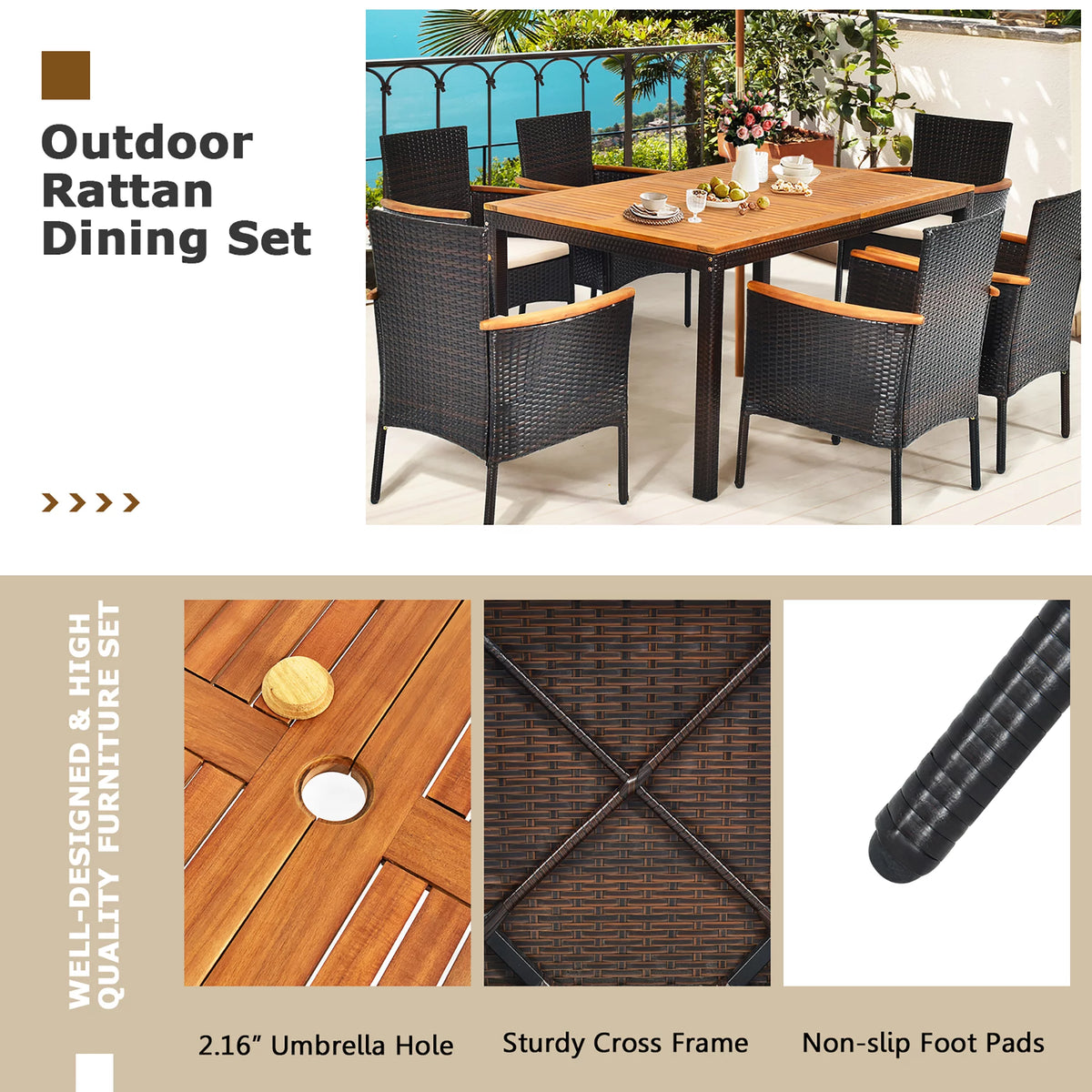 7 Pc Patio Rattan Dining Set Cushioned Chair Wooden Tabletop G915
