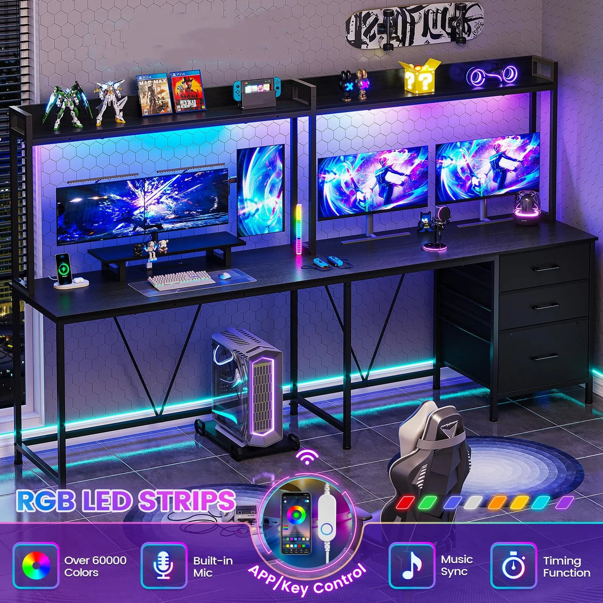 L Shaped Gaming Desk with Hutch and Drawers, Black V83700