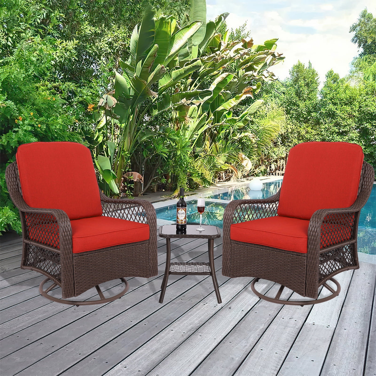 3-Pieces Patio Wicker Furniture Set with Side Table and Cushions J786