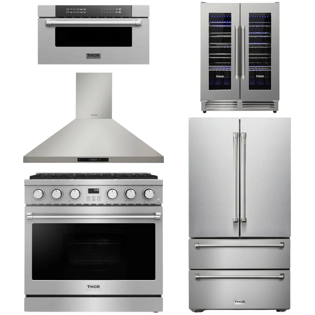 36 Gas Range, Range Hood, Refrigerator, Microwave and Wine Cooler L7115