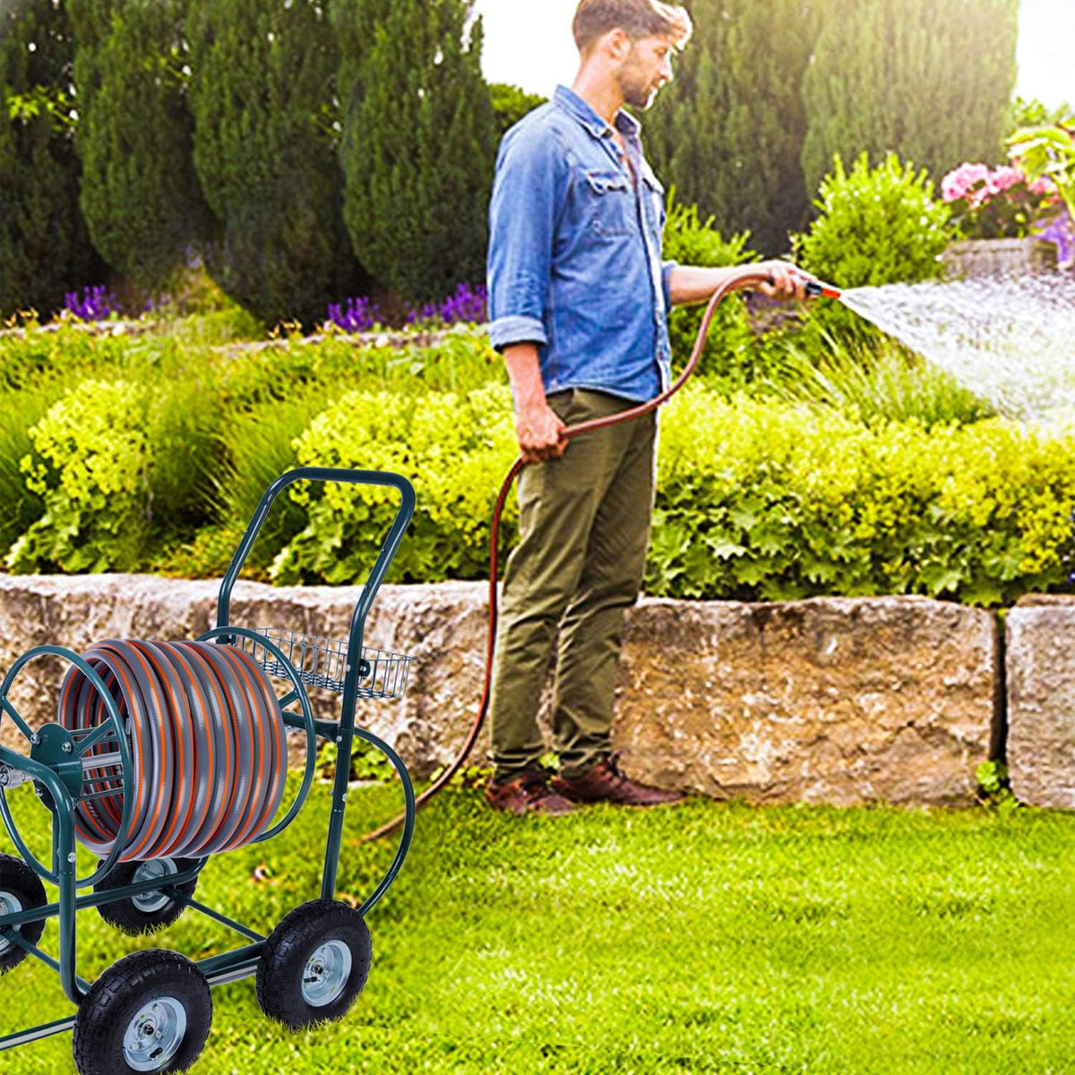 Garden Hose Reel Cart 4 Wheels with Storage Basket R3600