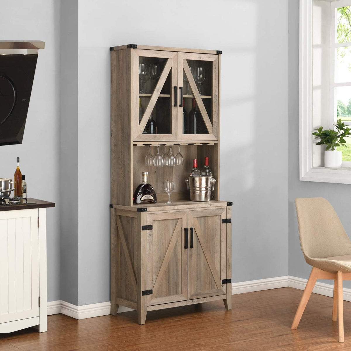 Bar Cabinet with Glass Cabinet and Barn Wood Finish H5057