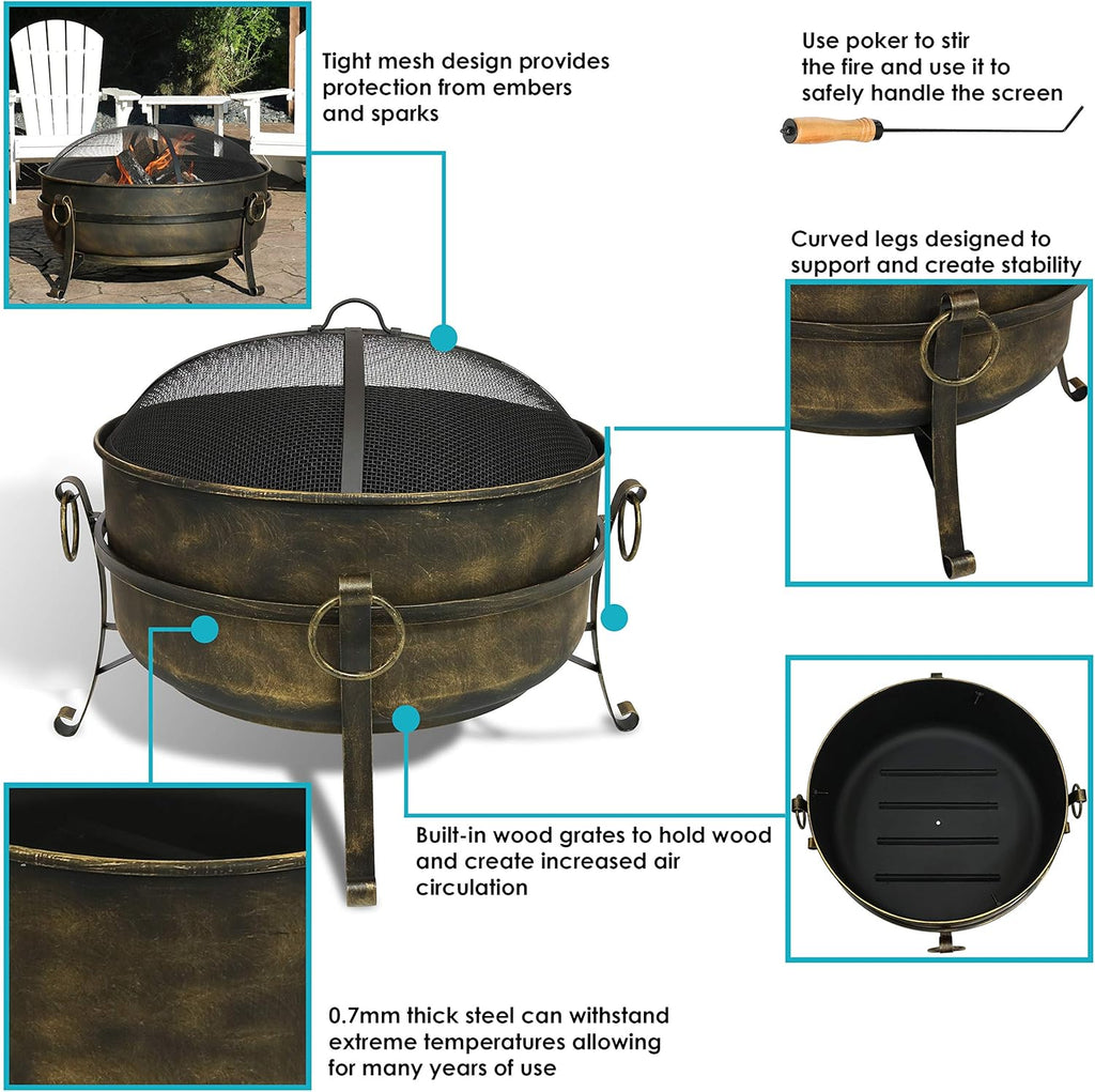 34 Inch Wood Burning Outdoor Fire Pit with Spark Screen and Poker B59114