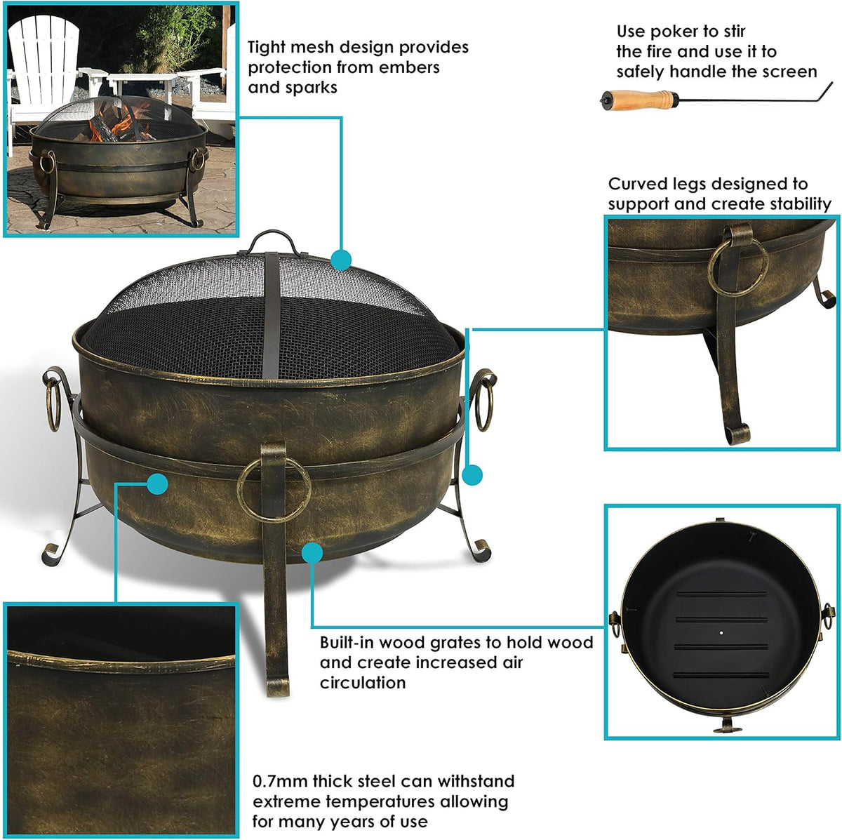 34 Inch Wood Burning Outdoor Fire Pit with Spark Screen and Poker B59114