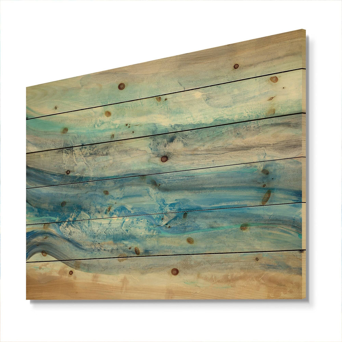 Blue Nautical Coastal Print on Natural Pine Wood 40 in. Wide x 30 in. High W96601