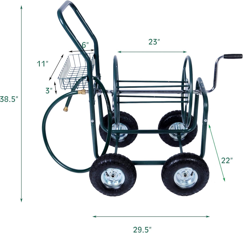 Garden Hose Reel Cart 4 Wheels with Storage Basket R3600