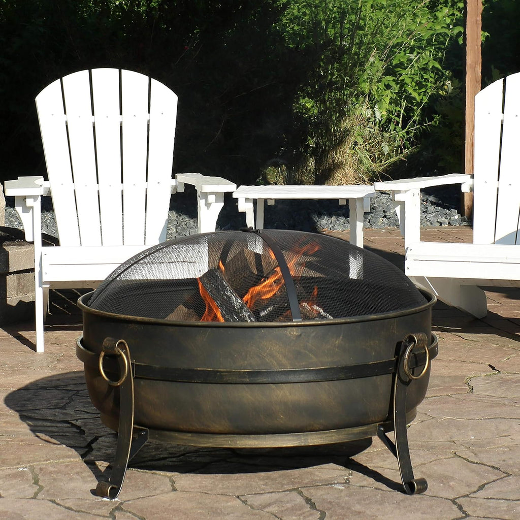 34 Inch Wood Burning Outdoor Fire Pit with Spark Screen and Poker B59114