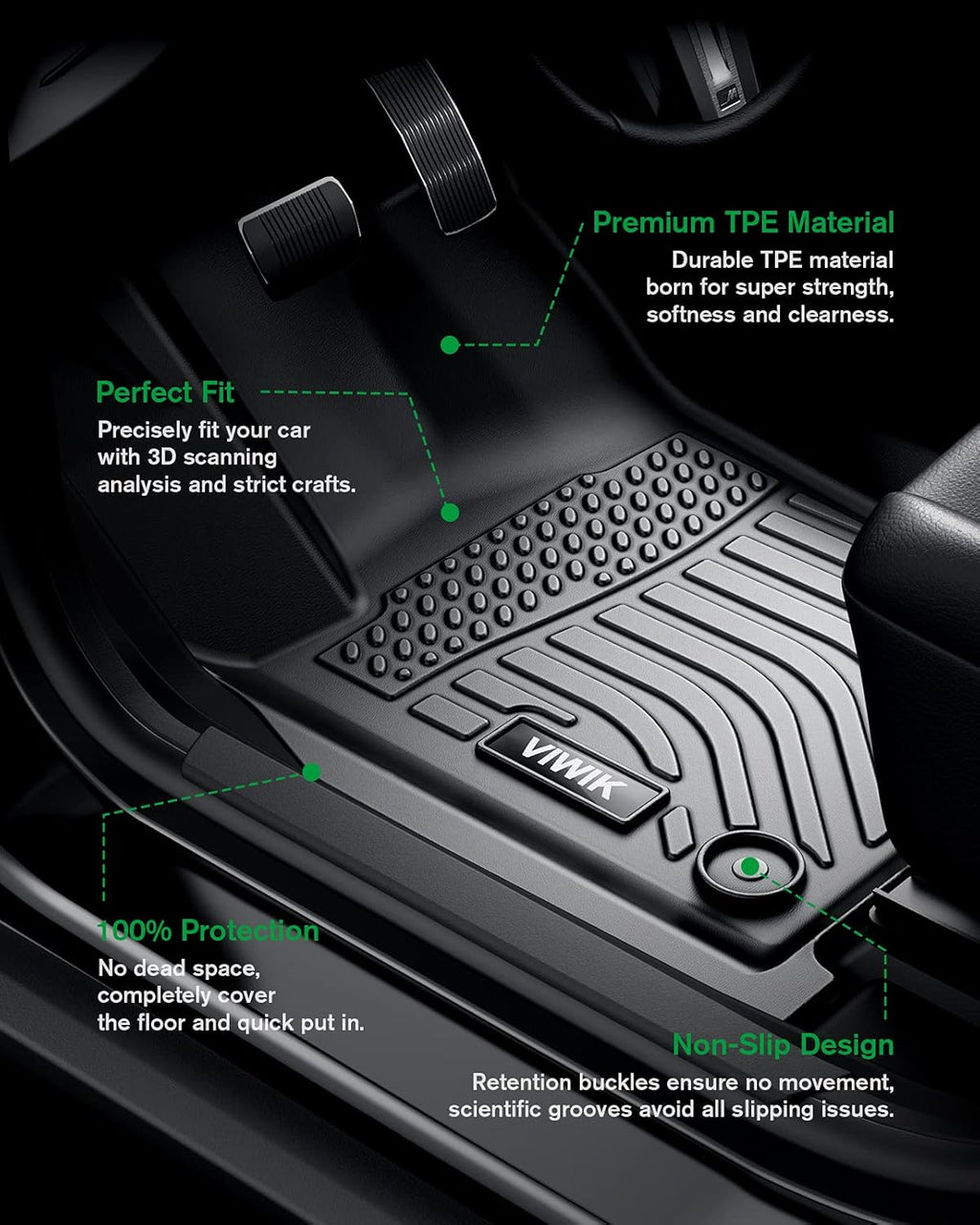All Weather TPE Black Floor Mats Full Set 1st 2nd 3rd Row I67631