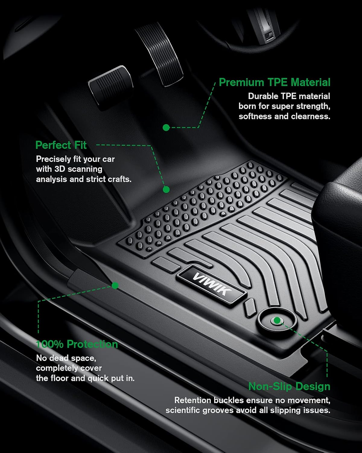 All Weather TPE Black Floor Mats Full Set 1st 2nd 3rd Row I67631