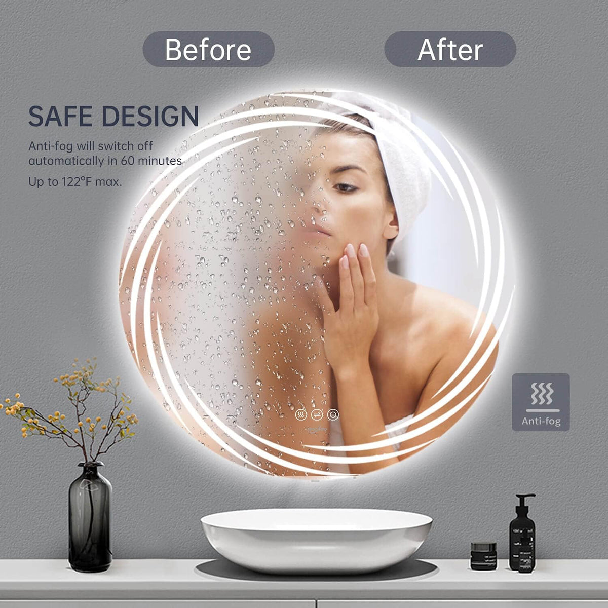 32 x 32 LED Backlit Anti-Fog Wall Mounted Bathroom Vanity Mirror T6230