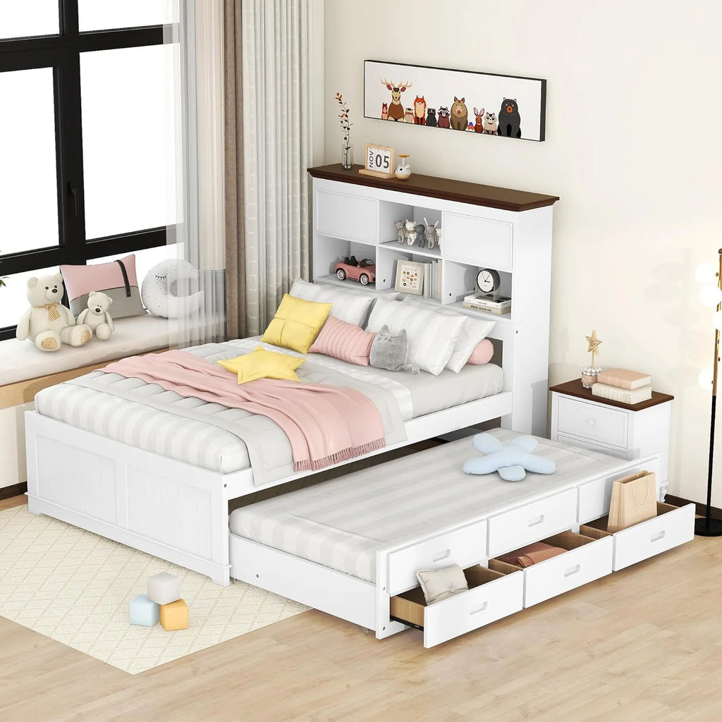 White Full Size Wood Platform Bed with Bookcase Headboard and 3 Storage Drawers K343104