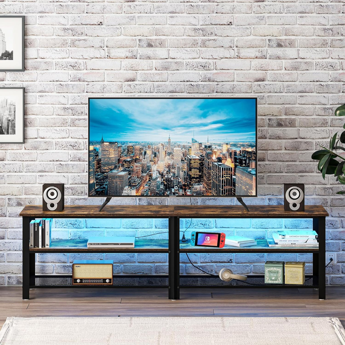 Brown 71 inch Metal TV Stand with LED Lights and Power Outlets W4781