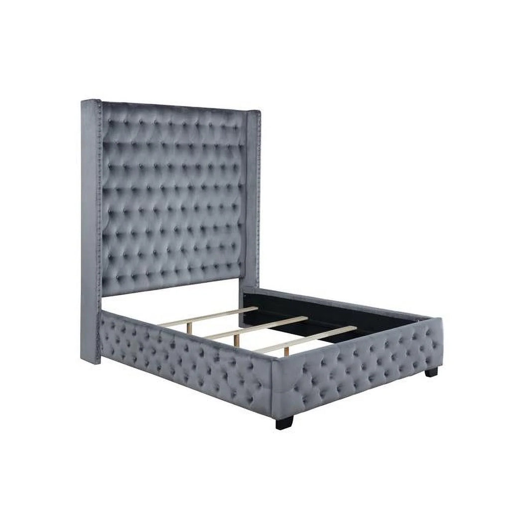 Queen Size Gray Velvet Upholstered Bed S363