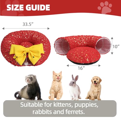 Christmas Cat Tunnel with Bowtie, Washable Circle Cushion and Plush Ball Toy, Red I195