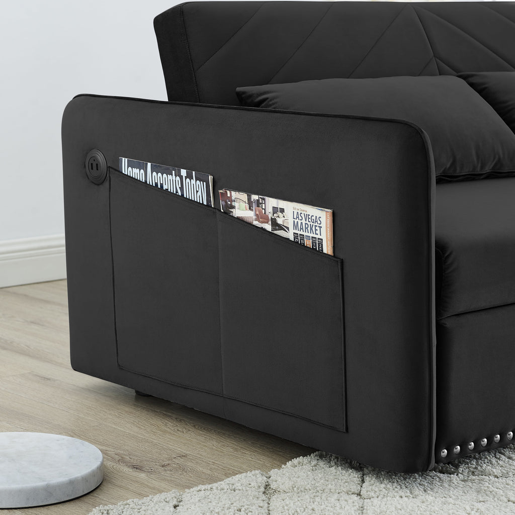 Black Velvet 3 in 1 Sleeper Sofa Couch Bed with 2 USB Ports J14056