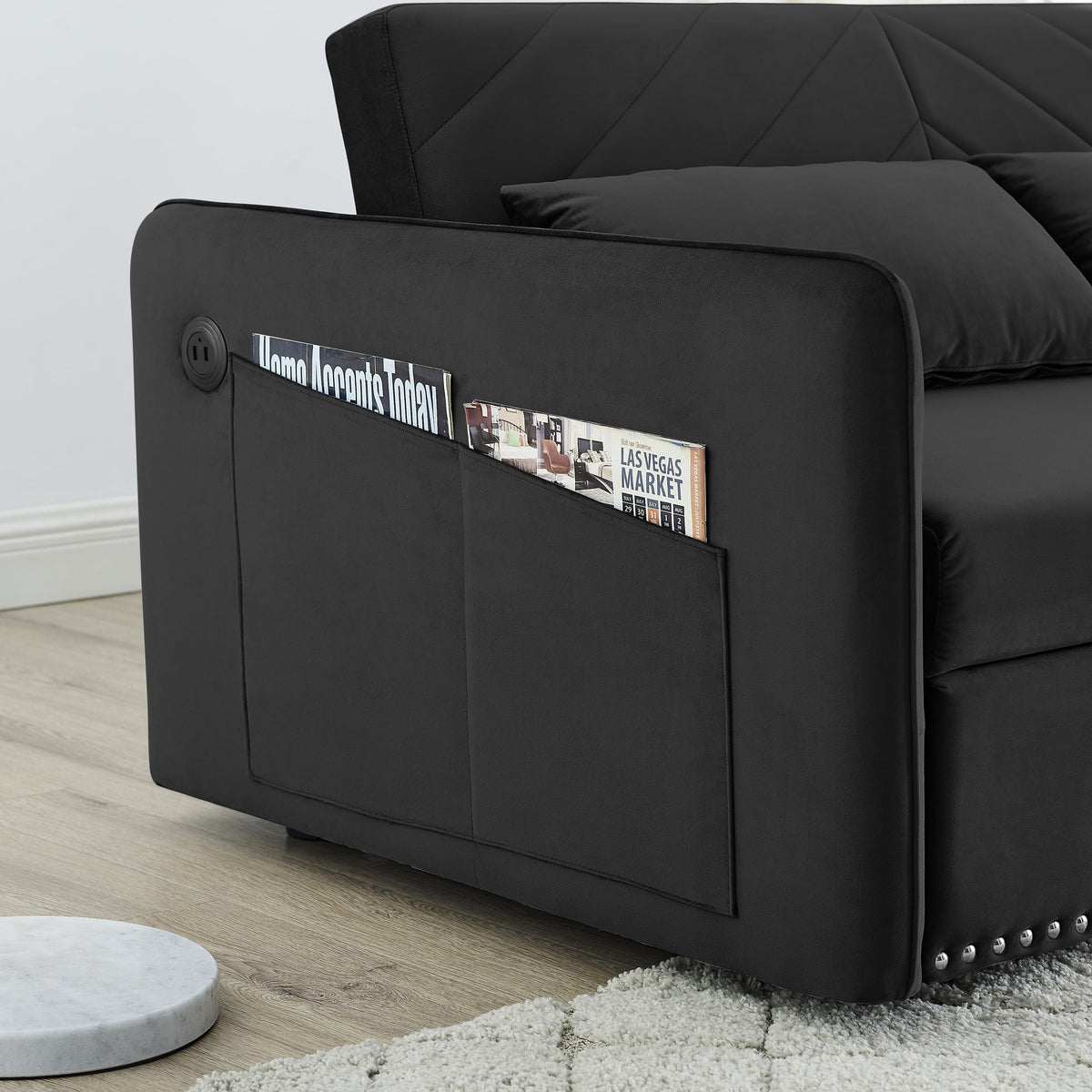Black Velvet 3 in 1 Sleeper Sofa Couch Bed with 2 USB Ports J14056